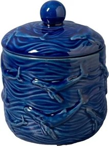 Cutie decorativă din ceramică artizanală cu motive marine sculptate în relief, formă cilindrică cu capac, albastru, finisaj lucios, 12,5×10 cm,