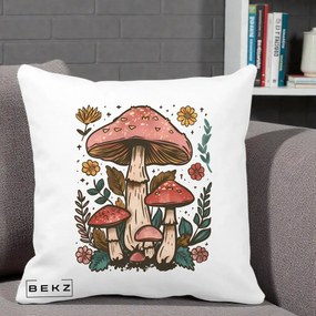 Perna Decorativa Ciuperci Vintage Floral, 40x40 cm, Alba Mata, Husa Detasabila, Perna Inclusa, BEKZ®