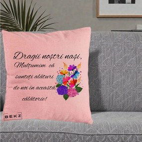 Cadou pentru Nasi - Perna Personalizata Dragii Nostri Nasi Multumim cu Flori Multicolore, 40x40 cm, Roz, Husa Detasabila, Perna Inclusa, BEKZ®