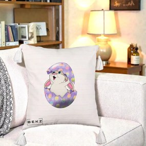 Perna Decorativa Iepuras din Ou de Pasti, 40x40 cm, Bej cu Franjuri, Husa Detasabila, Perna Inclusa, BEKZ®