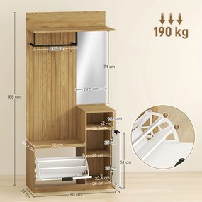 HOMCOM Cuier pentru intrare cu pantofar dulap rafturi deschise și 4 cârlige 80x37x168 cm Stejar | Aosom Romania