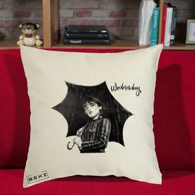 Perna Personalizata Wednesday Addams cu Umbrela Foto, 40x40 cm, Ecru, Husa Detasabila, Perna Inclusa, BEKZ®