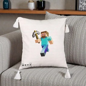 Perna Personalizata Minecraft Steve cu Tarnacop, 40x40 cm, Bej cu Franjuri, Husa Detasabila, Perna Inclusa, BEKZ®