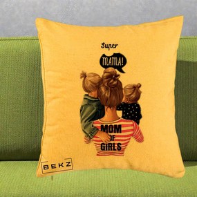 Cadou pentru Mama - Perna Personalizata Super Mama Mom of Girls, 40x40 cm, Galben, Husa Detasabila, Perna Inclusa, BEKZ®