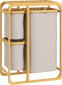 HOMCOM Coș pentru Rufe cu 3 Saci și Rafturi Detașabile din Material Textil din Bambus, 50x32x69,7 cm, Alb Crem | Aosom Romania