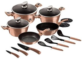 Set oale si tigai marmorate cu capac 17 piese, antiaderente, Rose Gold Berlinger Haus BH 6161