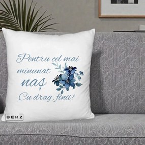 Cadou pentru Nas - Perna Personalizata Pentru Cel mai Minunat Nas Cu drag Finii, 40x40 cm, Alb Pufos, Husa Detasabila, Perna Inclusa, BEKZ®