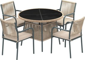 Set mobilier de grădină modern, 5 piese, masă rotundă cu blat din sticlă securizată, 4 scaune cu brațe cu spătar din sfoară, Gri