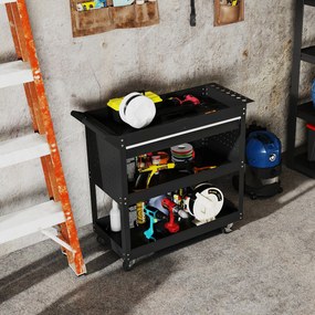 DURHAND Cărucior cu 3 Niveluri din Oțel cu Sertar, Suport Lateral pentru Unelte și Mâner, Negru | Aosom Romania
