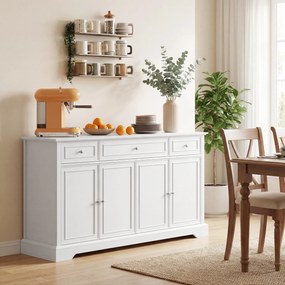 HOMCOM Bufet de living, mobilier de depozitare cu 3 sertare, 4 uși cu închidere silențioasă și etajere reglabile, alb | Aosom Romania