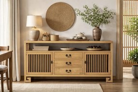 Bufet rustic în stil oriental, din lemn de ulm reciclat, natur, cu 2 uși cu grilaj, 3 sertare și raft deschis, 80 x 170 x 40 cm, „Largentière”
