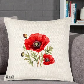 Perna Decorativa Maci Rosii Acuarela, 40x40 cm, Crem Reliefat, Husa Detasabila, Perna Inclusa, BEKZ®