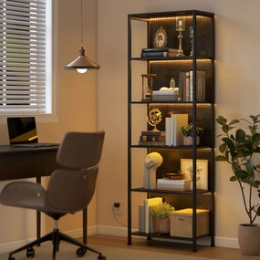 HOMCOM Bibliotecă cu 5 Rafturi, Verticală cu Iluminare LED în 7 Culori, Economisire Spațiu pentru Living, Dormitor și Birou, 60x30x179 cm, Negru | Aosom Romania