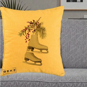 Perna Decorativa Patine cu Ramuri de Brad si Afine, 40x40 cm, Galben, Husa Detasabila, Perna Inclusa, BEKZ®