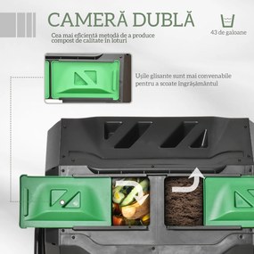 Outsunny Compostor Rotativ cu 2 Secțiuni și 8 Prize de Aerisire din Oțel și PP, 160L, 71x65x96 cm, Gri | Aosom Romania