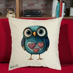 Perna Decorativa Bufnita Teal cu Doua Inimi, 40x40 cm, Ecru, Husa Detasabila, Perna Inclusa, BEKZ®