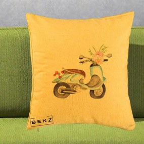 Perna Decorativa Scuter Albastru cu Flori Acuarela, 40x40 cm, Galben, Husa Detasabila, Perna Inclusa, BEKZ®