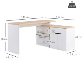 HOMCOM Birou cu Blat Extensibil pentru PC și Bibliotecă, 140x117x76 cm, Alb | Aosom Romania
