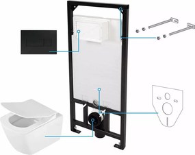 Set vas WC suspendat Deante Anemon Zero alb cu cadru de toaleta, rezervor ascuns si cu buton de actiune negru