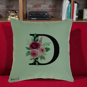 Cadou Personalizat - Perna Personalizata Monograma Florala Litera D, 40x40 cm, Verde, Husa Detasabila, Perna Inclusa, BEKZ®