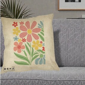 Perna Decorativa Flori Grafice Roz Pastel, 40x40 cm, Crem, Husa Detasabila, Perna Inclusa, BEKZ®