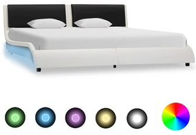 Cadru de pat cu LED, alb si negru, 160x200 cm, piele ecologica white and black, 160 x 200 cm