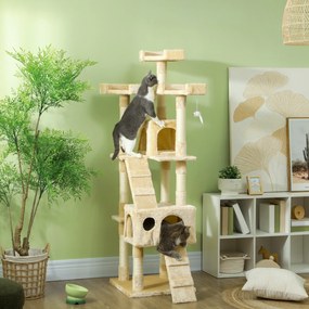 PawHut Copac Zgârietoare pentru Pisici cu 3 Platforme, 2 Căsuțe și Jocuri Suspendate, din Lemn și Blană, 49x49x173 cm, Cremă | Aosom Romania