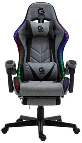 Scaun gaming, sistem iluminare bandă LED RGB, cu masaj în perna lombară, suport picioare, material textil, Gri/Negru