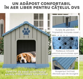 PawHut Căsuță pentru Câini din Plastic pentru Exterior, Impermeabilă, pentru Câini de Talie Medie cu Bază Ridicată, Ferestre și Acoperiș pentru Grădină, Patio, Terasă, Casă și Interior, 85x79x82 cm, Gri | Aosom Romania