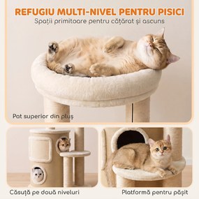 PawHut Ansamblu Joacă Pisici cu Sisal, Turn Multinivel 90 cm cu Culcuș și Platforme, 55x39x90 cm, Bej | Aosom Romania