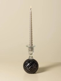 Sfeșnic din sticlă neagră cu bază sferică cu reliefuri romboidale și suport cilindric transparent, finisaj lucios, 16×9 cm, „Verelune"