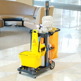 HOMCOM Cărucior de Curățenie Profesional cu 3 Rafturi, Cârlige pentru Mătură și Sac de 100L, Dimensiuni 121x50,5x96,5 cm, Negru | Aosom Romania