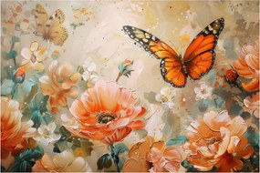 Tablou - Fluture și flori, pictură în ulei (90x60 cm)
