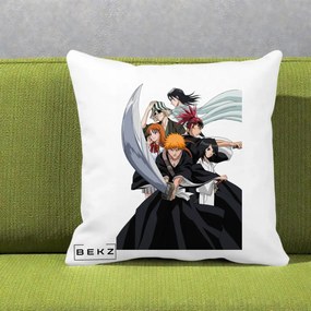 Perna Personalizata Bleach Grup Complet Ichigo si Prietenii, 40x40 cm, Alba Mata, Husa Detasabila, Perna Inclusa, BEKZ®