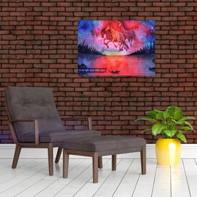 Tablou - Apariția cailor spațiali peste lac, acuarelă (70x50 cm)