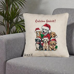 Perna Decorativa Caini cu Bonete Craciun Fericit, 40x40 cm, Bej Canapea, Husa Detasabila, Perna Inclusa, BEKZ®