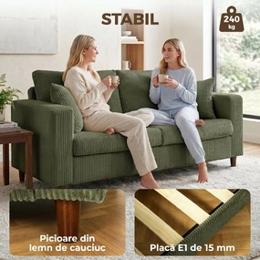 HOMCOM Canapea cu 2 Locuri de 170 cm din Catifea cu Nervuri, Șezut Lat și Adânc, Picioare din Lemn Masiv, Verde | Aosom Romania