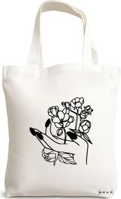 Sacosa de Panza pentru Cumparaturi, Geanta Tote, model Floral Hand, 38x34.5 cm, Alba, BEKZ®