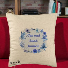 Cadou pentru Bunica - Perna Personalizata Cea Mai Buna Bunica Coronita Flori Albastre Acuarela, 40x40 cm, Bej, Husa Detasabila, Perna Inclusa, BEKZ®