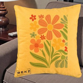Perna Decorativa Flori Grafice Roz Pastel, 40x40 cm, Galben, Husa Detasabila, Perna Inclusa, BEKZ®