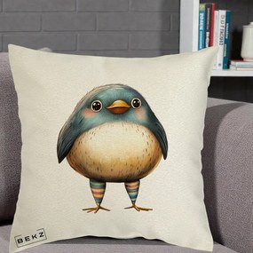 Perna Decorativa Pasare Teal-Bej cu Sosete Curcubeu, 40x40 cm, Ecru, Husa Detasabila, Perna Inclusa, BEKZ®