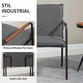 Scaun industrial capitonat HOMCOM, fotoliu tapitat, scaun de living cu brate invelite in piele PU si picioare din otel, gri | Aosom RO