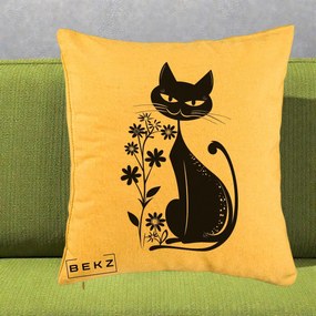 Perna Decorativa Pisica Neagra Grafica Minimalista, 40x40 cm, Galben, Husa Detasabila, Perna Inclusa, BEKZ®