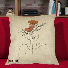 Perna Decorativa Portret Feminin Doua Flori, 40x40 cm, Crem, Husa Detasabila, Perna Inclusa, BEKZ®