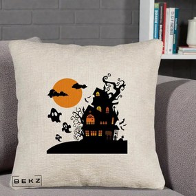 Perna Decorativa Halloween Casa Bantuita cu Fantome, 40x40 cm, Bej Canapea, Husa Detasabila, Perna Inclusa, BEKZ®