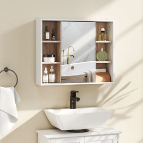 HOMCOM Dulap cu Oglinda din MDF si PAL, Dulap de Baie cu 3 Rafturi Laterale si Raft Interior Reglabil, 60x14.5x49.4 cm, Alb si Lemn Natur | Aosom RO