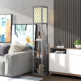 HOMCOM Lampadar Podea 2 în 1, 3 Rafturi, Economisire Spațiu, Soclu E27, 26x26x160 cm, Gri Deschis | Aosom Romania