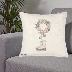 Perna Decorativa Patine cu Coroana Florala de Craciun, 40x40 cm, Crem Reliefat, Husa Detasabila, Perna Inclusa, BEKZ®