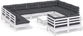 vidaXL Set mobilier grădină cu perne, 12 piese, alb, lemn masiv pin