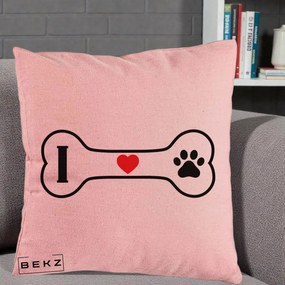 Perna Personalizata I Love Dog Os si Labuta, 40x40 cm, Roz, Husa Detasabila, Perna Inclusa, BEKZ®